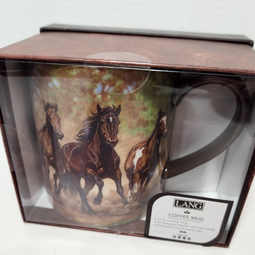 New in Box Lang Coffee Mug w/Horses "Taking Flight" art work by Chris Cummings